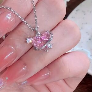 Dainty Pink Crystal Planet Heart Necklace – Silver Orbit Pendant for Women